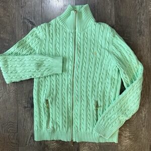 Lauren Ralph Lauren Women's Mint Green Cable Knit Cotton Zip Sweater L Old Money